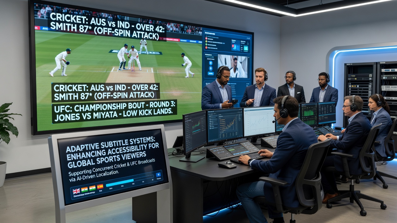 Split-screen view showing adaptive subtitles active on multiple devices during overlapping cricket and UFC broadcasts in different languages