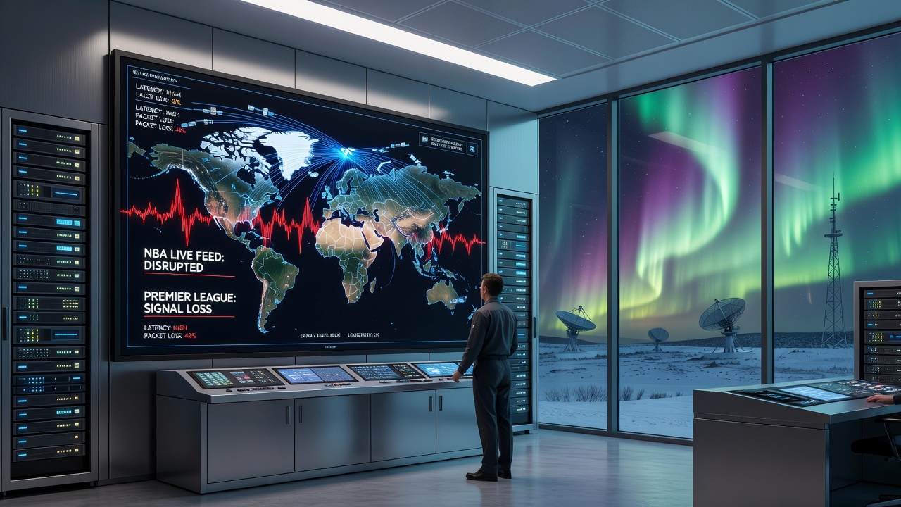 Technicians monitoring satellite signal quality metrics at a broadcast facility in northern Norway while auroral activity is present overhead