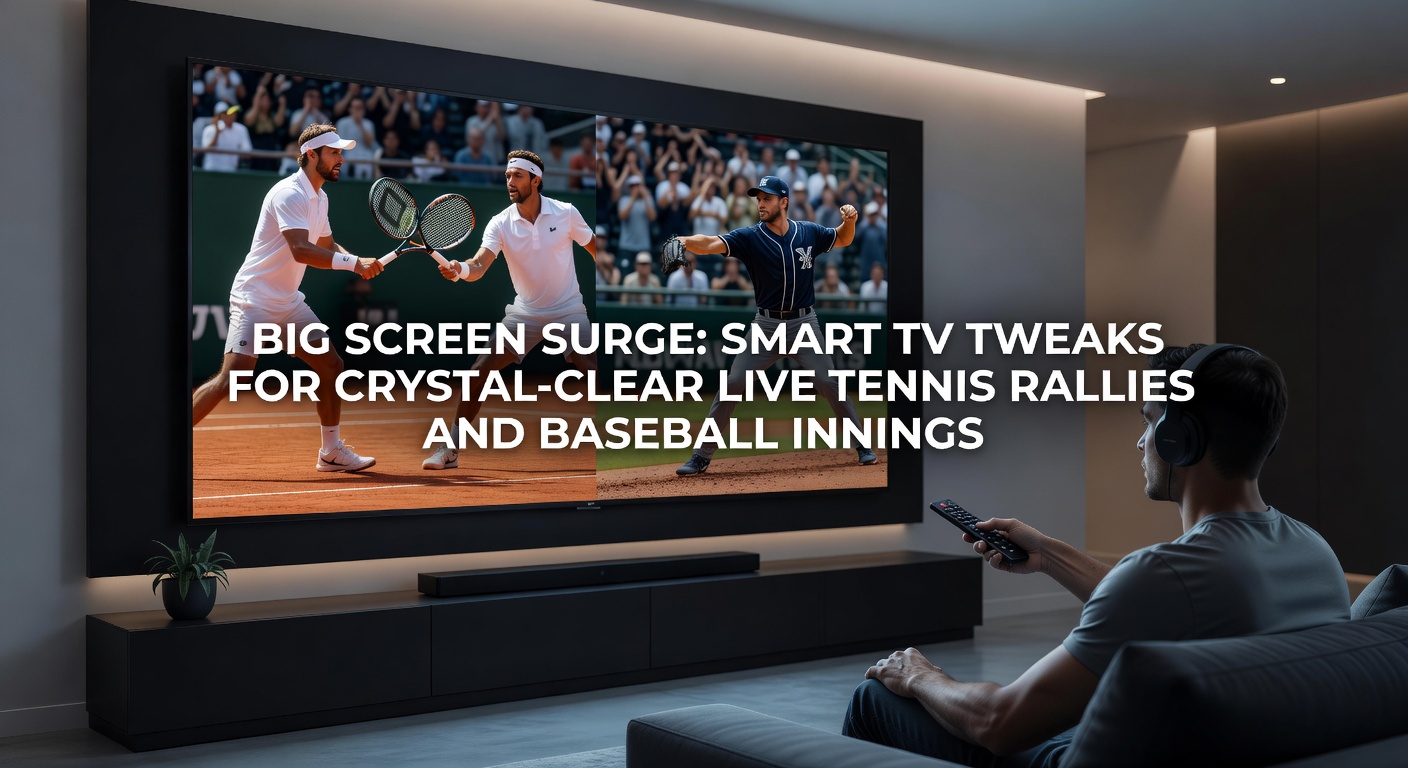 Close-up of a smart TV remote adjusting settings menu with baseball inning highlights visible on screen, emphasizing calibration sliders for color and motion