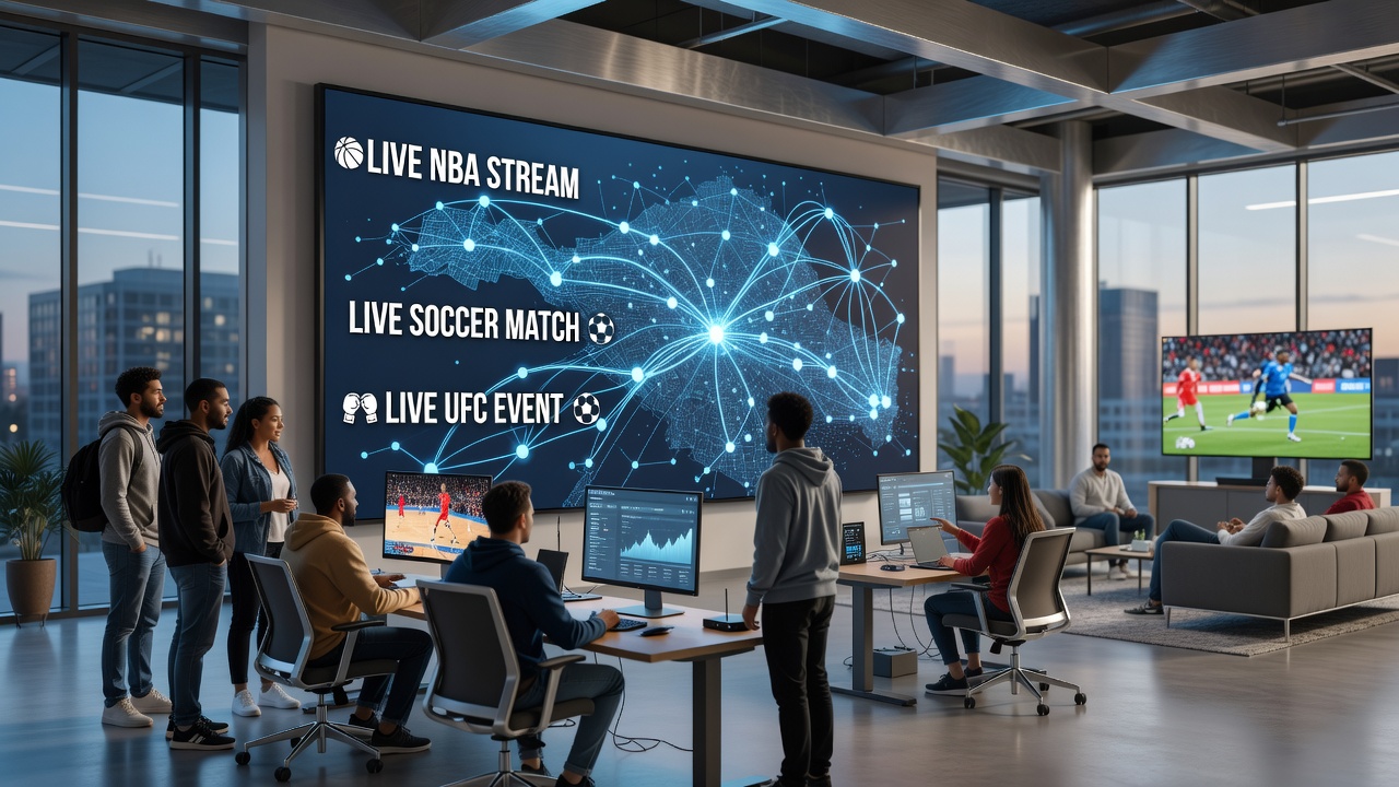 Mesh network diagram illustrating signal distribution for live sports events in a residential area