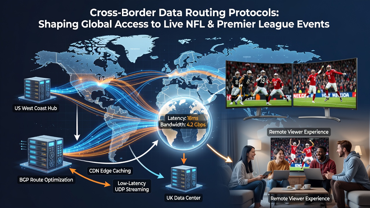 Network engineers monitoring data routing dashboards for live sports broadcasts