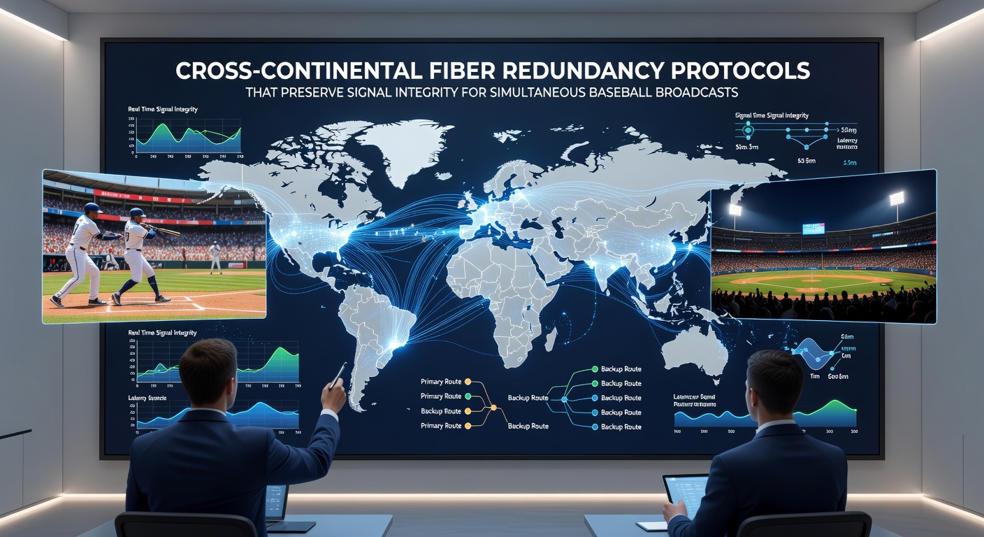 Technicians monitoring redundant fiber optic pathways that support live sports broadcasts across seismic zones