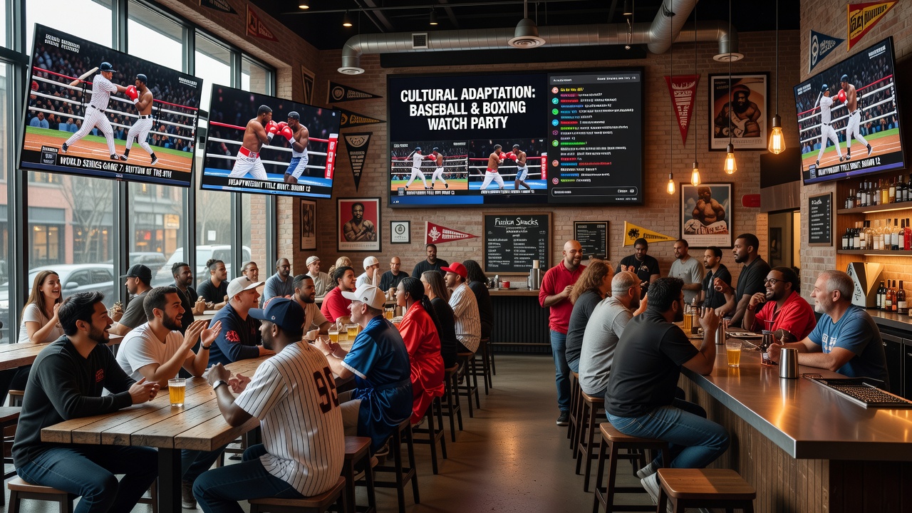 Close-up of traditional Latin American snacks and drinks arranged on a table beside dual screens showing baseball and boxing matches