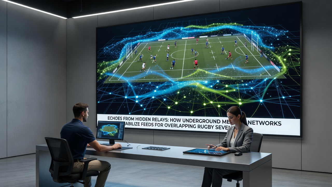 Diagram of underground mesh relay connections supporting simultaneous sports event broadcasts in rugged landscapes