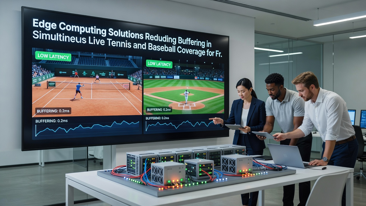 Traveler using mobile device to watch live tennis and baseball with edge computing overlay graphics