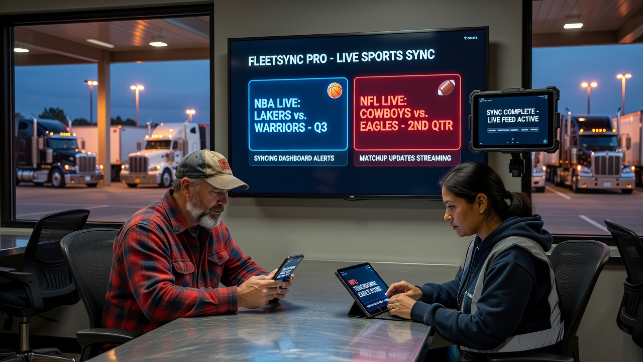 Long-haul truck interior with dashboard interface displaying synced NFL matchup alerts alongside route information