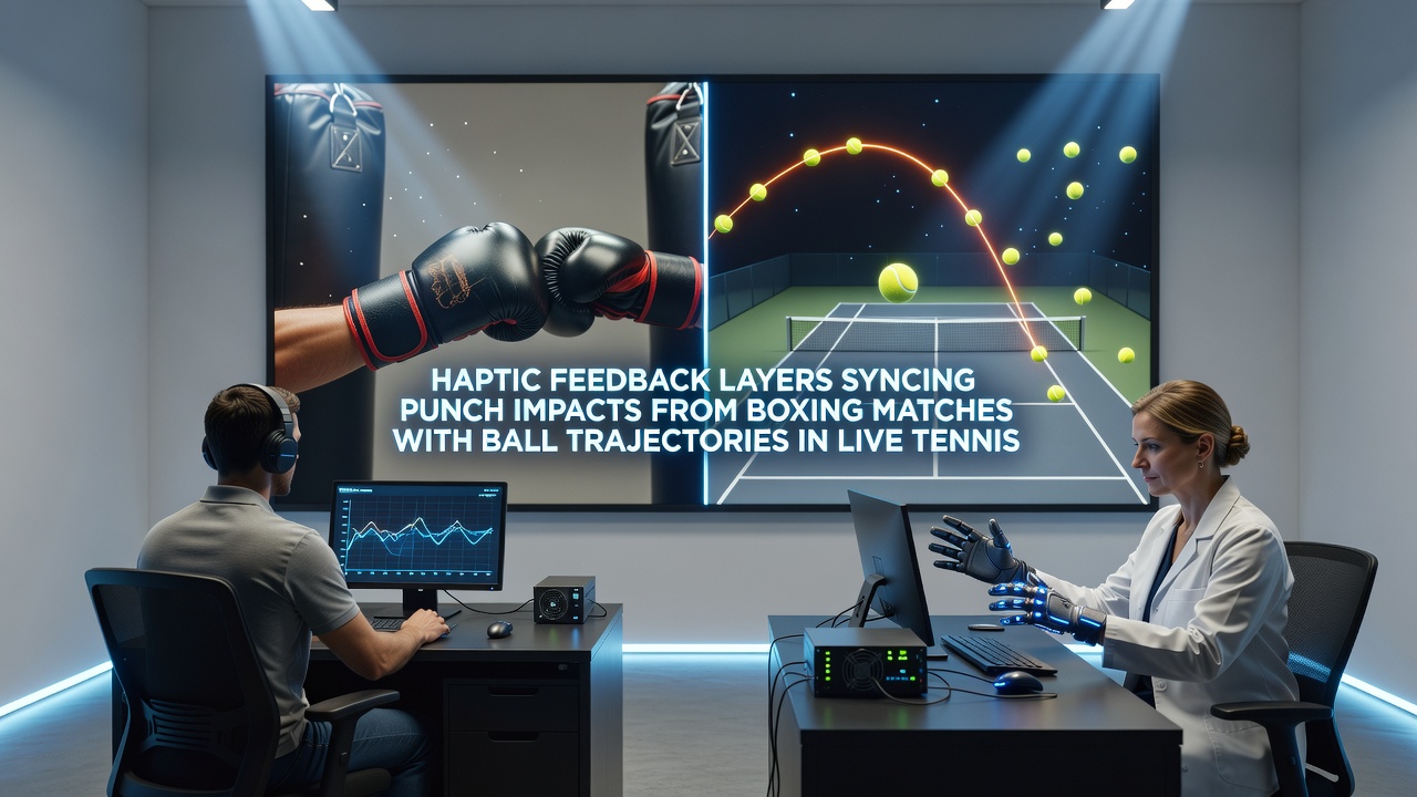 Close-up of haptic-enabled portable streaming hardware receiving synced signals from boxing and tennis broadcasts