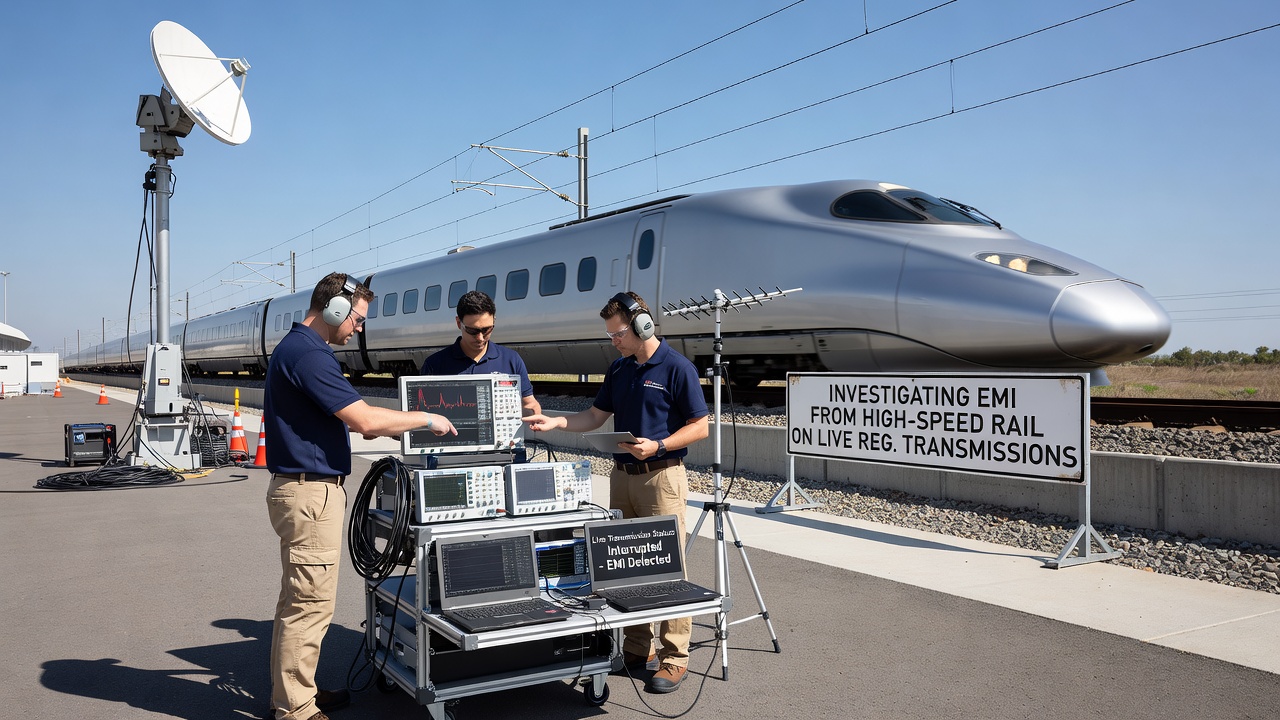 Broadcast technicians adjusting antenna alignment near high-speed rail tracks during a marathon event