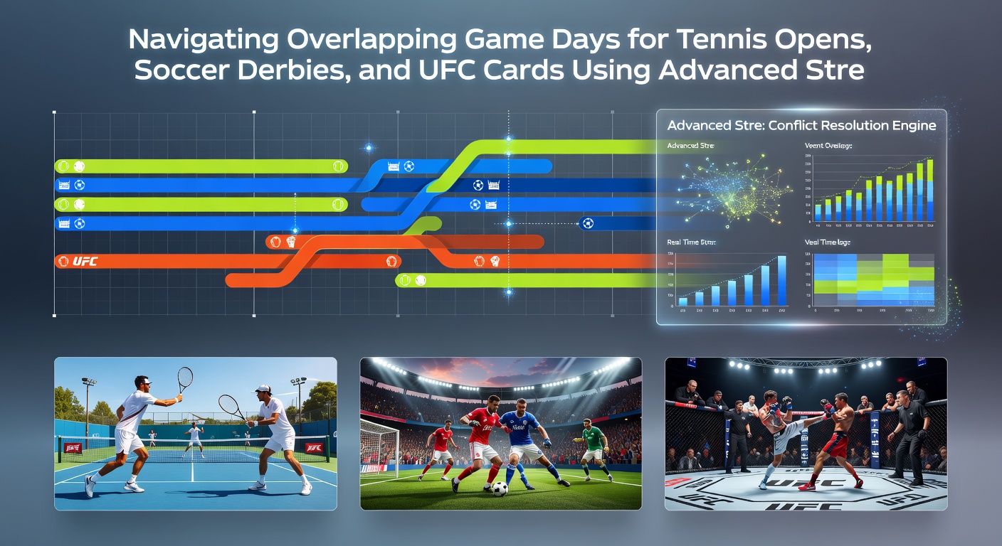 User managing overlapping sports schedule on tablet with timeline view showing tennis, soccer, and UFC events side by side