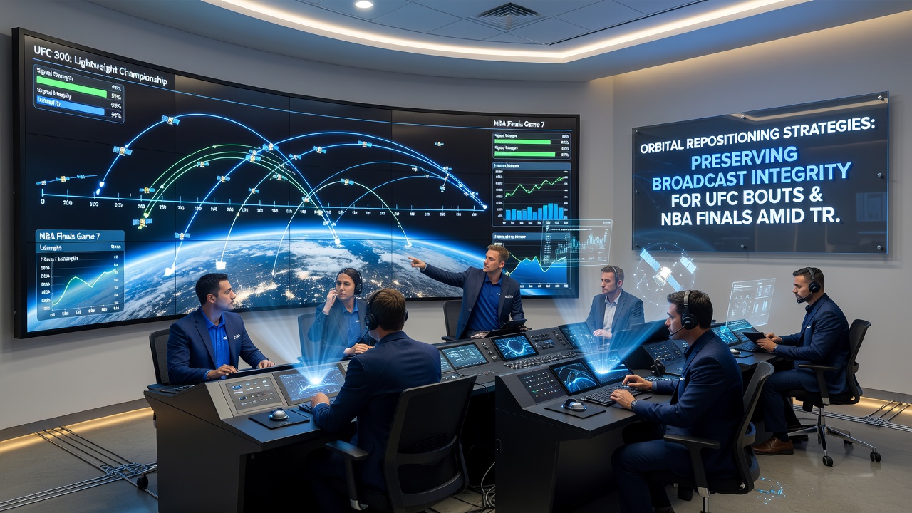 Ground control team monitoring satellite signals during a repositioning operation for live sports events