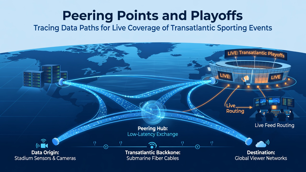 Map of transatlantic submarine cable routes highlighting peering locations and data flow for international sports streaming