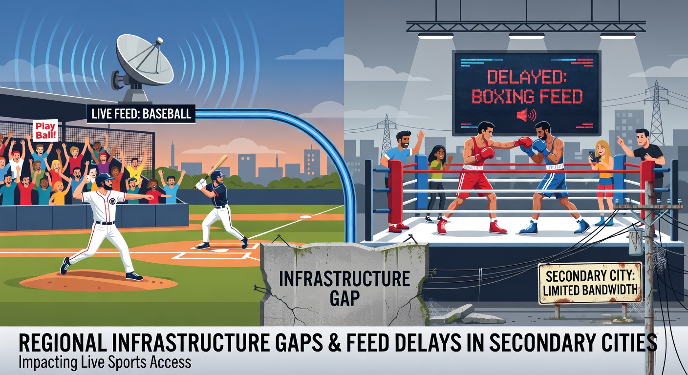 Infrastructure technicians inspecting network equipment in a secondary city to address streaming delays for boxing and baseball