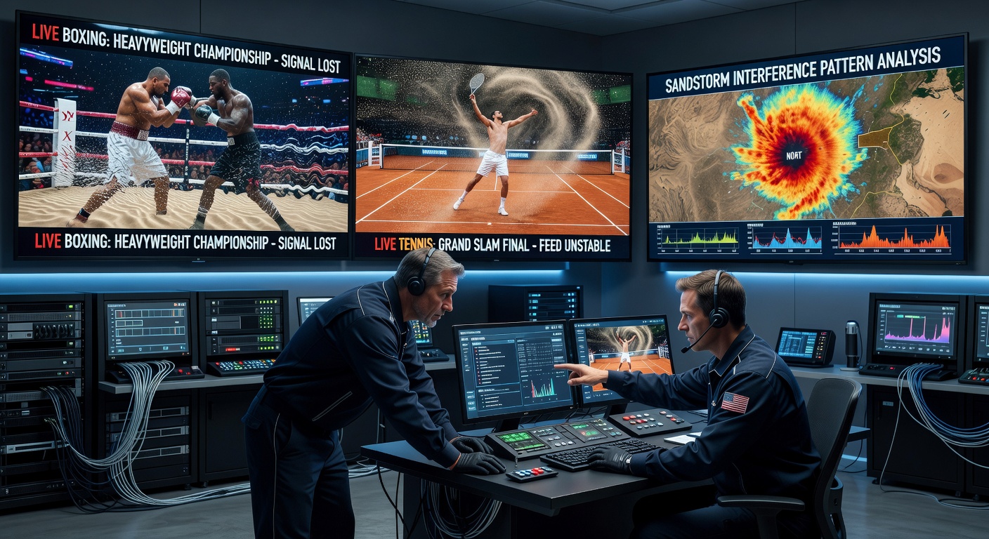 Technicians adjusting satellite receivers amid swirling dust while monitoring live tennis and boxing transmissions from a desert outpost