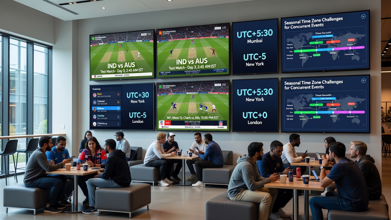 Group of viewers coordinating devices and discussing time zone adjustments during a multi-sport watch event