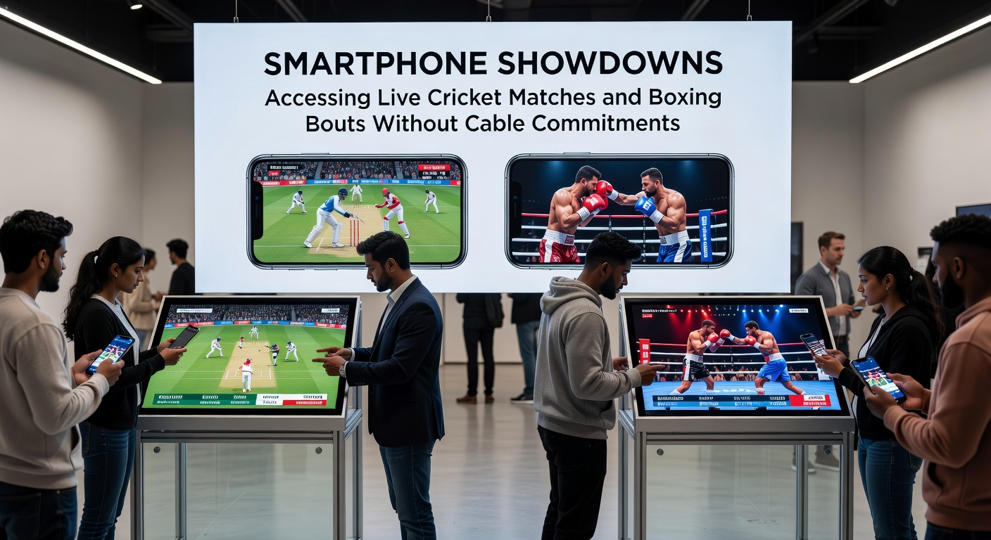 Close-up of a boxing match streaming on a smartphone held in an arena-like setting, emphasizing portable, high-energy viewing without cables