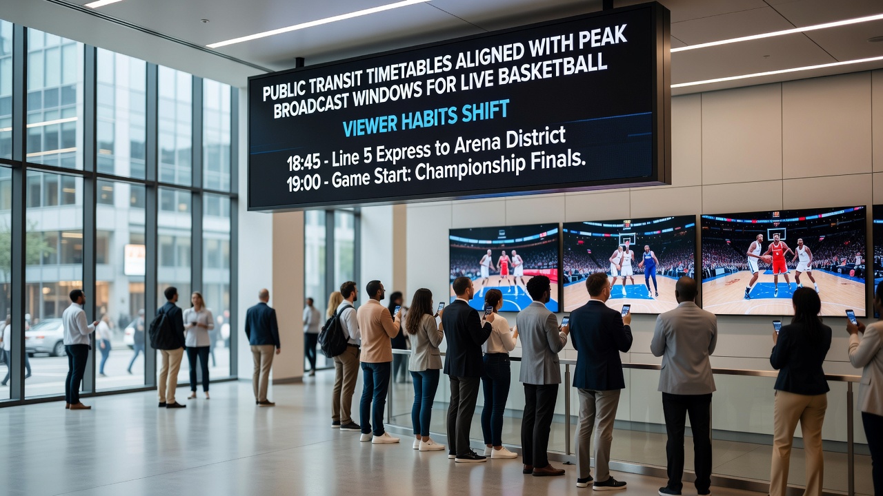 Mobile network towers and commuters streaming sports on trains during peak broadcast alignment