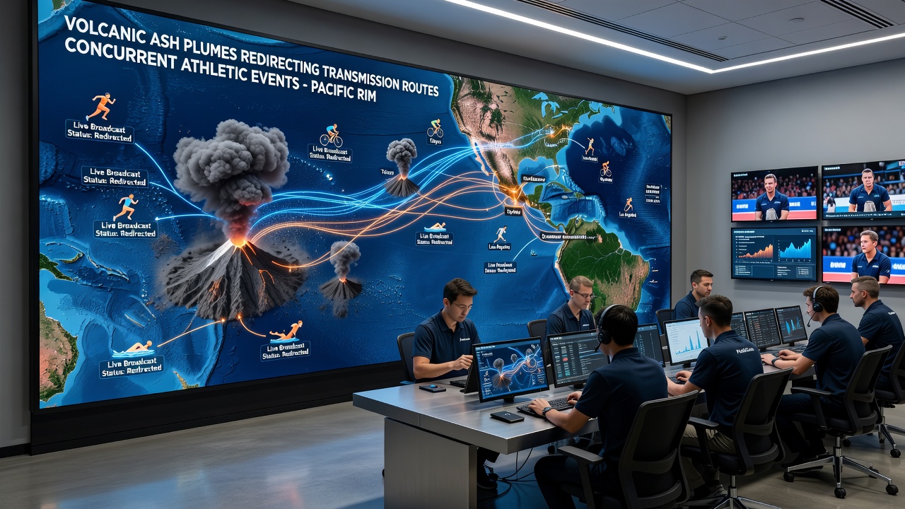Network operations center monitoring rerouted signals around volcanic ash during multi-event Pacific sports schedule